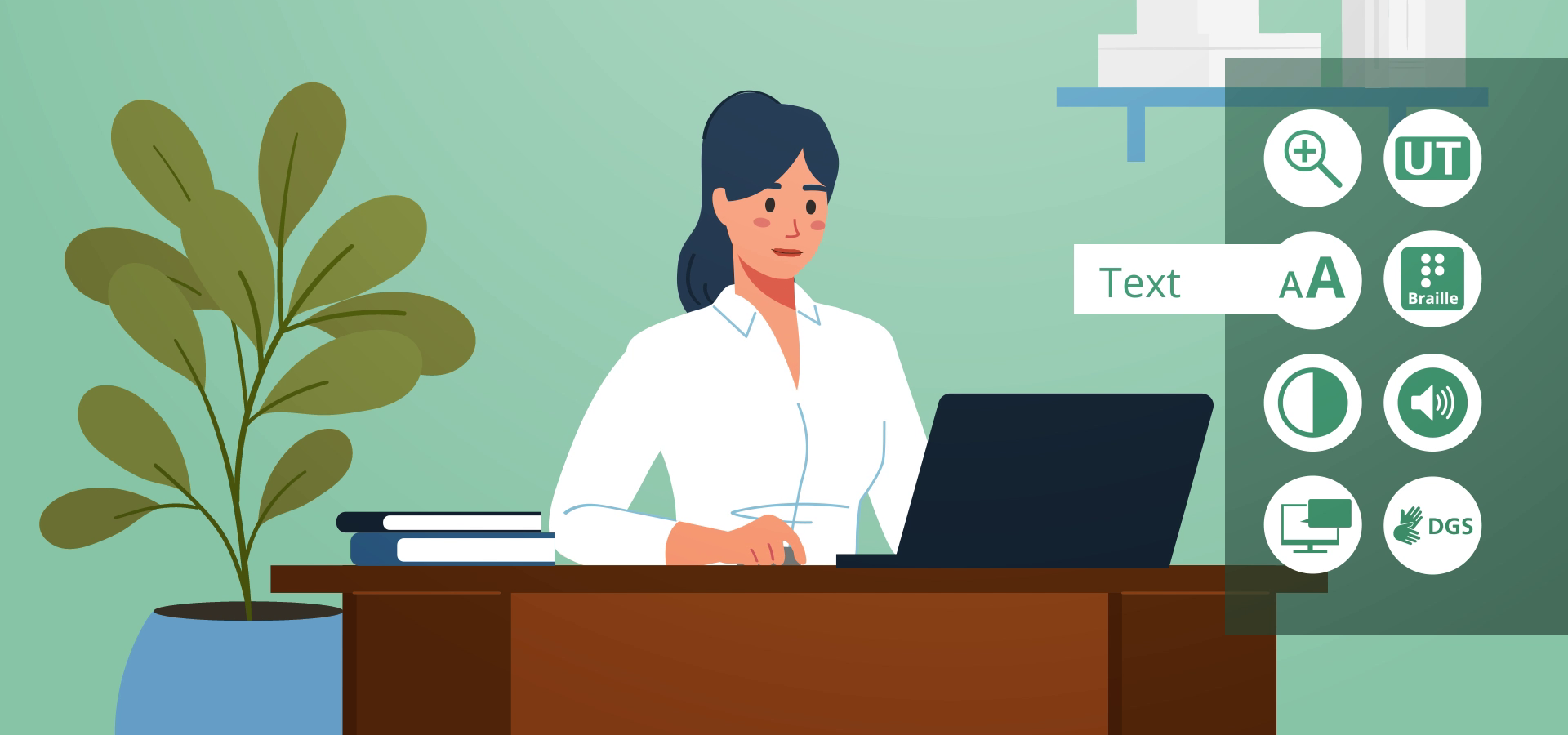 Eine Person sitzt am Schreibtisch und neben ihr sind Symbole zum Thema "Digitale Barrierefreiheit" eingeblendet. Sie symbolisieren veränderbare Textgröße, Untertitel, Textformatierung, Braille, Kontrast, Ton, Sprachassistenz und Deutsche Gebärdensprache.
