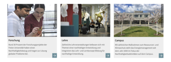Aufmacherboxen auf der Webseite der Stabsstelle Nachhaltigkeit und Energie