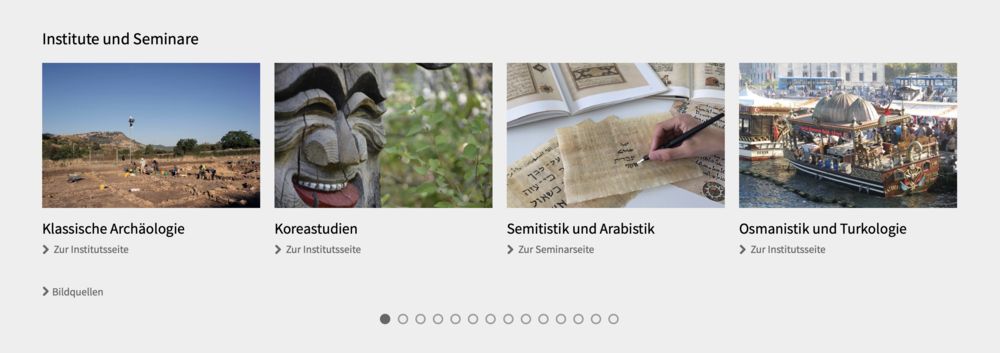 "Institute und Seminare" auf der Startseite des Fachbereichs Geschichts- und Kulturwissenschaften - Anzahl der Aufmacher in einer Zeile: 4, Layout der Zeile: 12