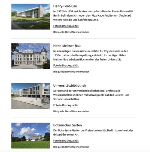 Bildergalerie auf der Webseite "Honorarfreie Fotos" - Darstellungsoption 2 - Miniaturbilder übereinander mit Text
