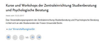 Abb. 1: News "Kurse und Workshops der ZE Studienberatung und Psychologische Beratung auf der Webseite "Studium"