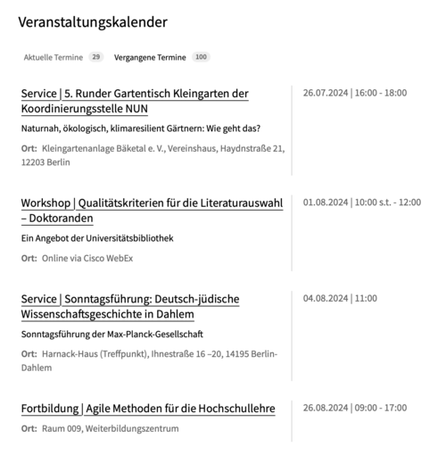 Veranstaltungskalender der Freien Universität / Webseite eines Termin-Ordners