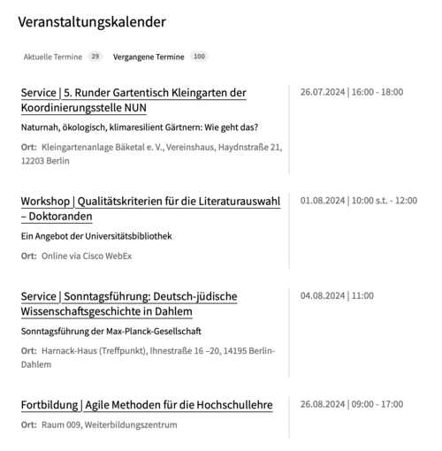 Abb. 2: Veranstaltungskalender der Freien Universität / Webseite eines Termin-Ordners